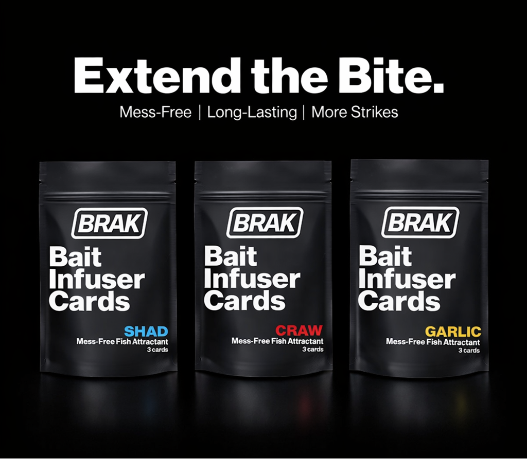 Three packages of BRAK Bait Infuser Cards on a black background with text 'Extend the Bite'.